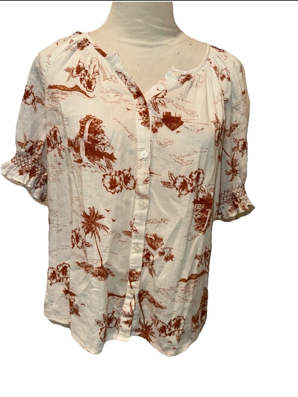 Madewell Paradise Voile White Burnt Orange Top Shirt S Button 100% Cotton